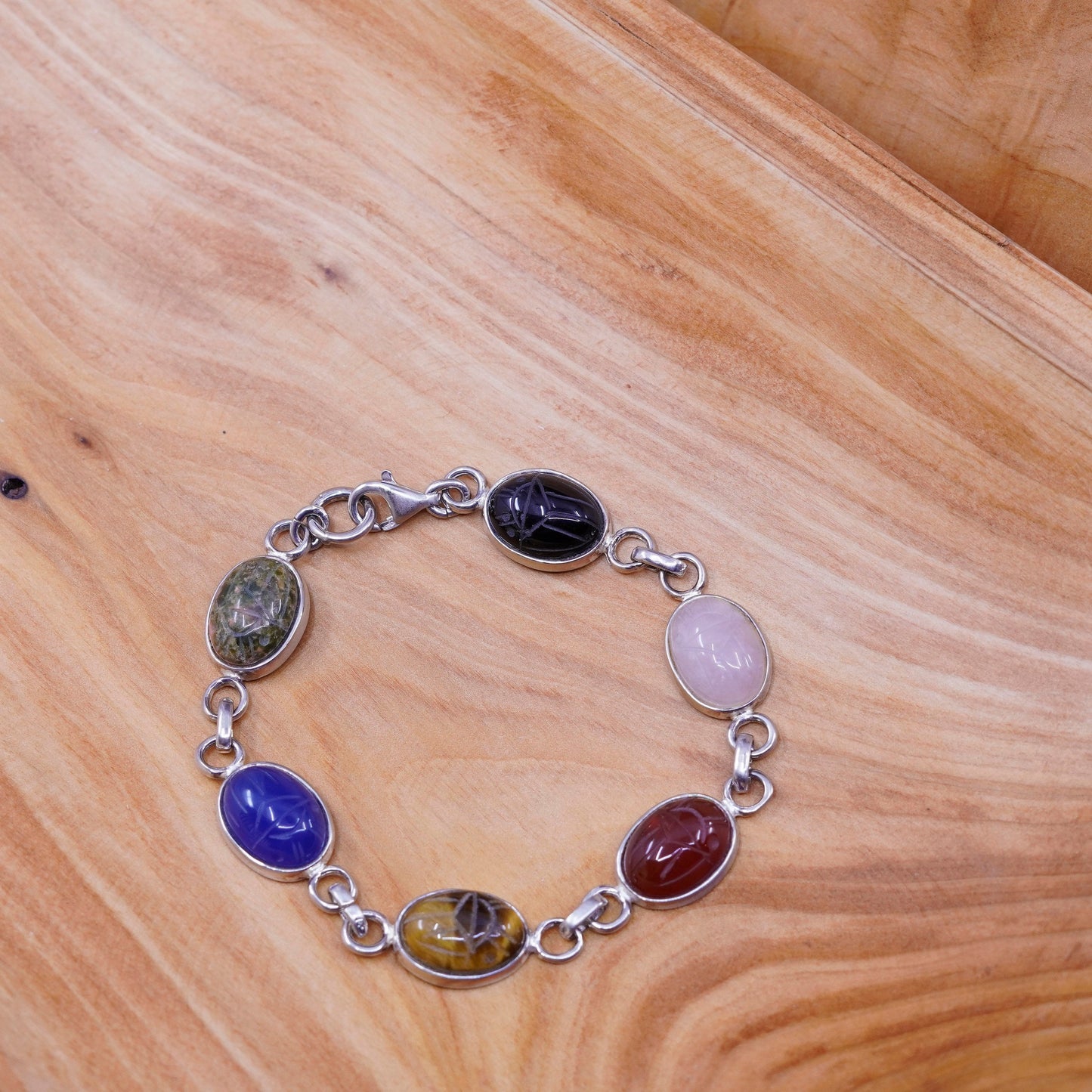 7”, sterling 925 silver carved bracelet, golden tiger eye jasper carnelian jade