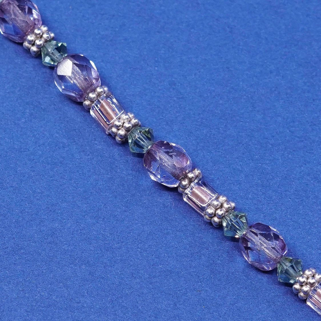 6.25”, vtg sterling silver handmade bracelet, 925 w/ purple crystal beads