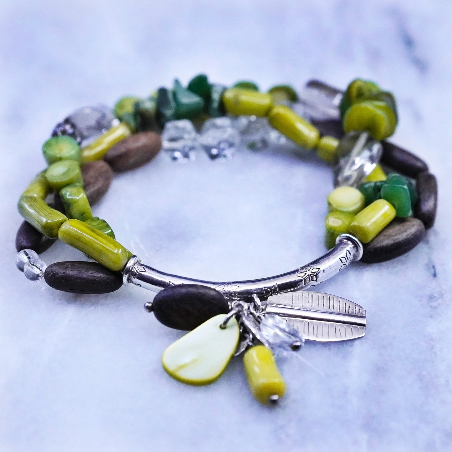 6.74”, Silpada Green Sterling 925 Silver Coral Wood Leaf Shell Bracelet B2095