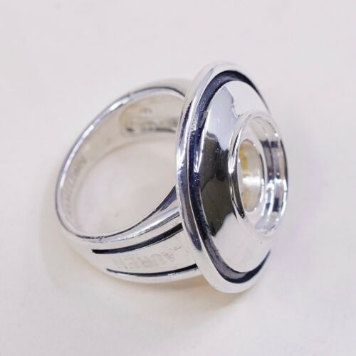 Sz 6.25, Vtg kameleon Sterling 925 Silver Disc Ring Base, Engrave Lauren On Side