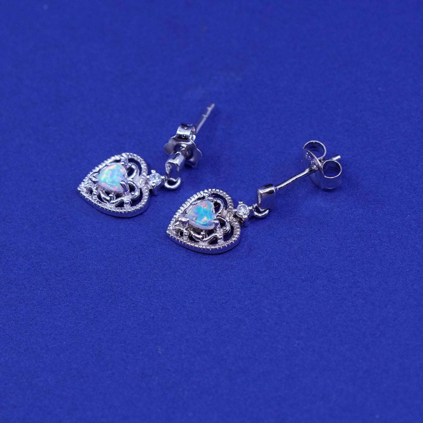 Vintage sterling 925 silver filigree heart earrings with fire opal