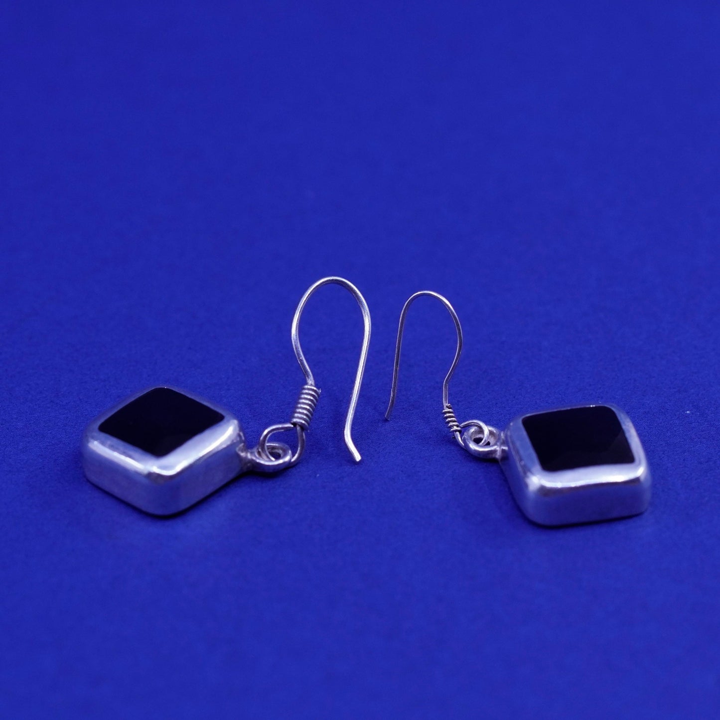Vintage Sterling silver handmade Square earrings with obsidian