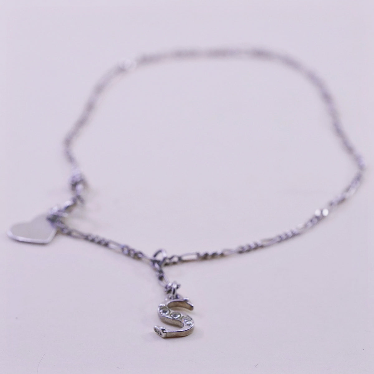 9.25”, sterling silver ankle bracelet, 925 chain, figaro anklet heart charm