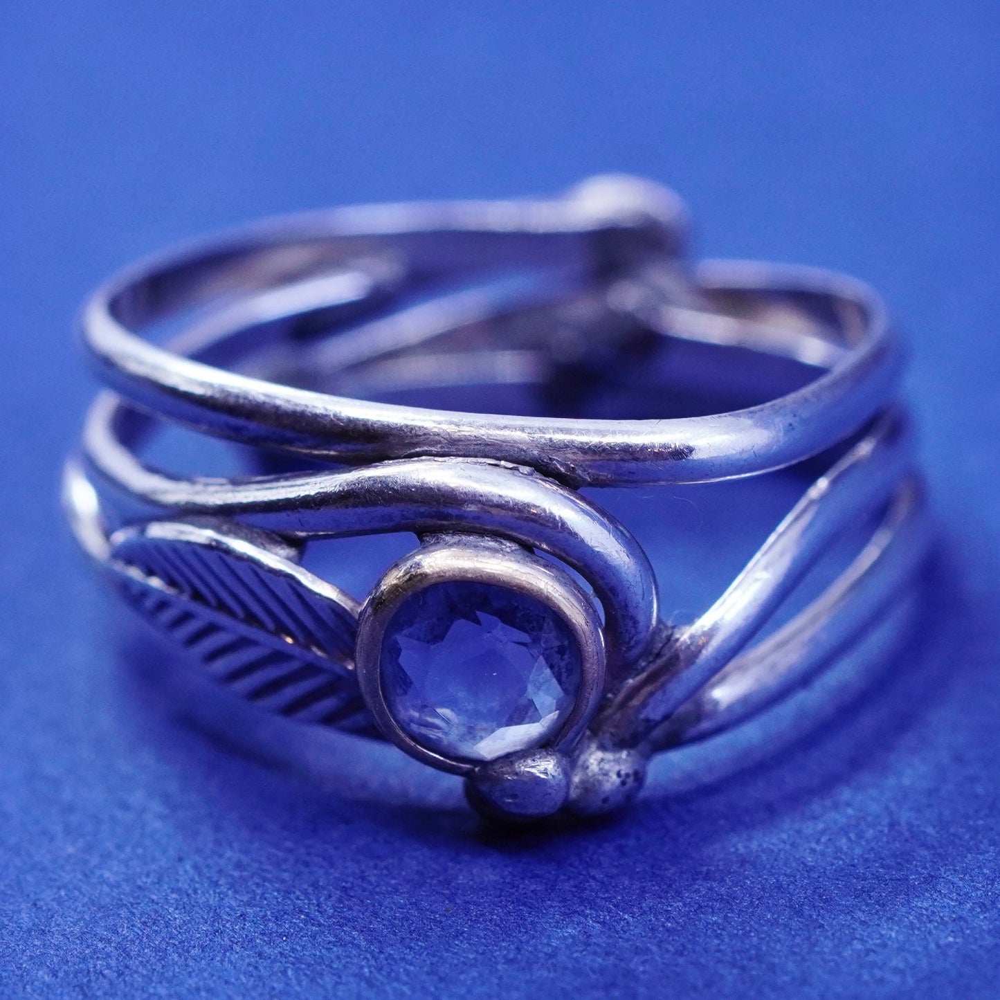 Size 5, two tone Sterling 925 silver handmade leaf ring topaz N 14K gold accent