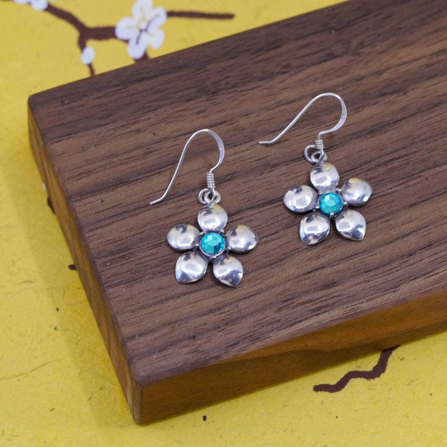 Vintage Sterling silver handmade earrings, 925 plumeria flower blue crystal