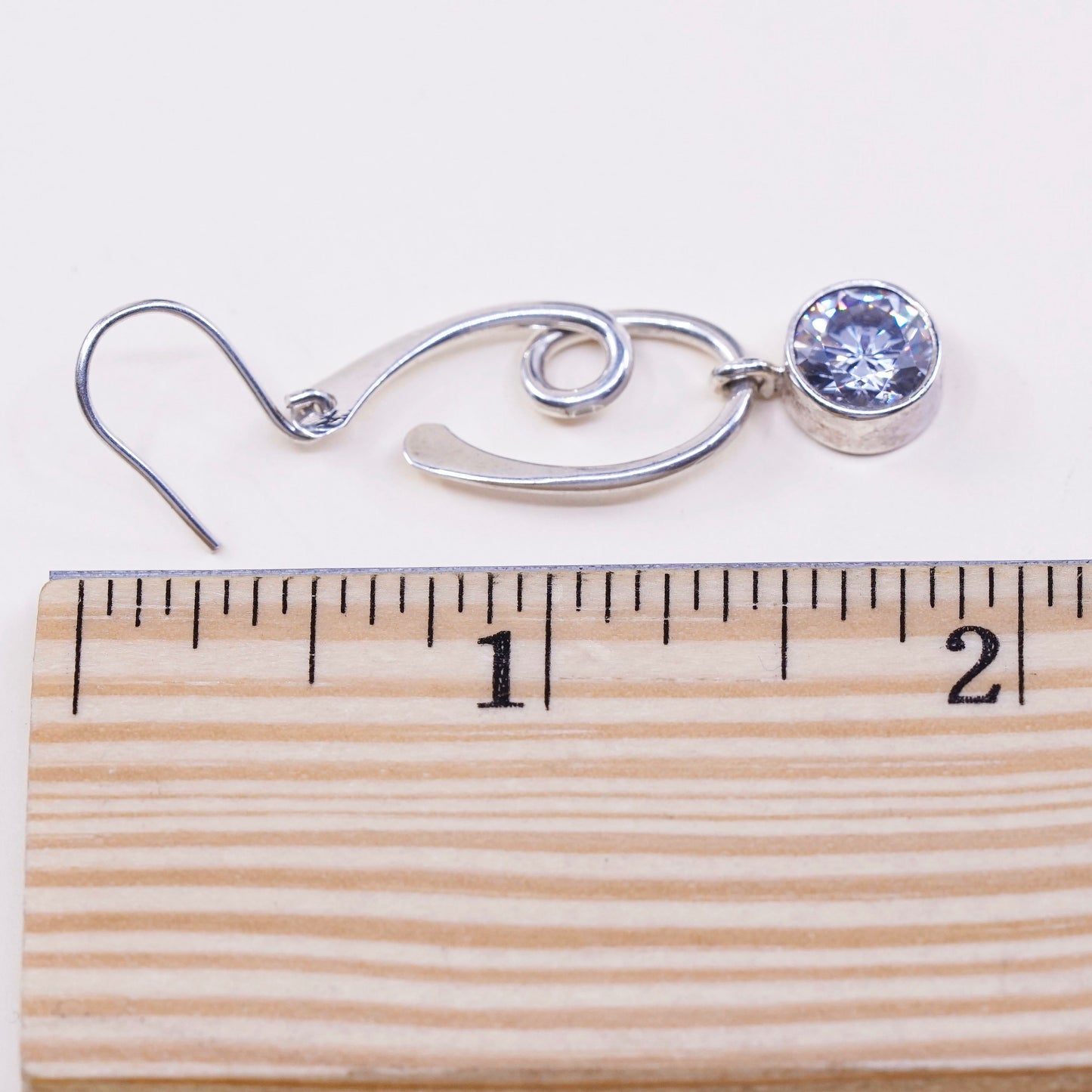 Vintage sterling silver handmade earrings, 925 swirl with round CZ