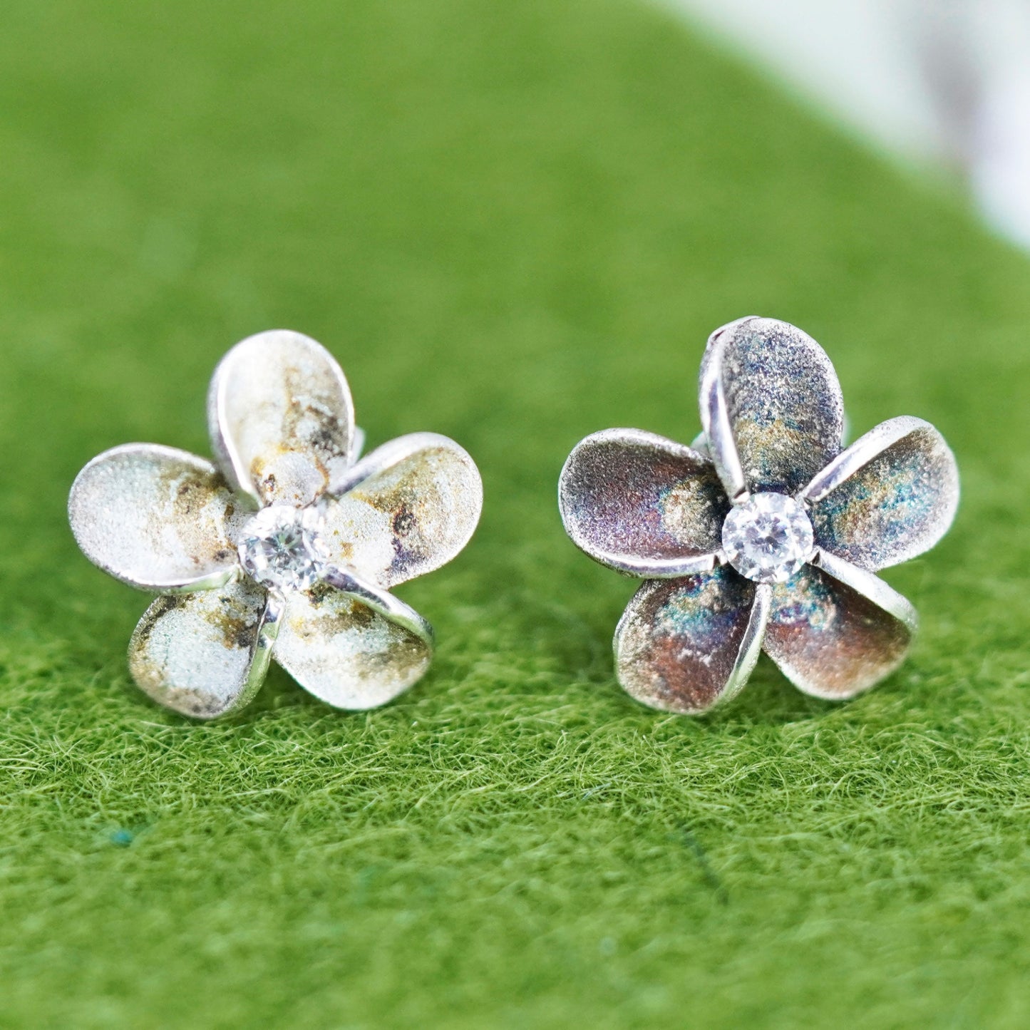 Vintage sterling 925 silver plumeria flower studs with clear cz, earrings