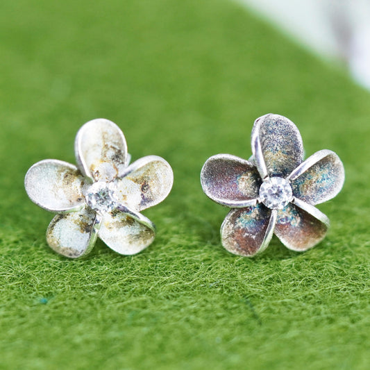 Vintage sterling 925 silver plumeria flower studs with clear cz, earrings