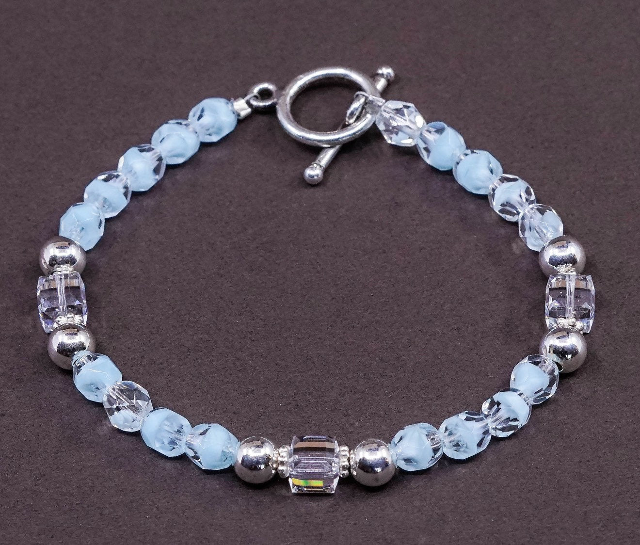 7”, vtg Sterling silver handmade bracelet, 925 beads w/ crystal beads N toggle