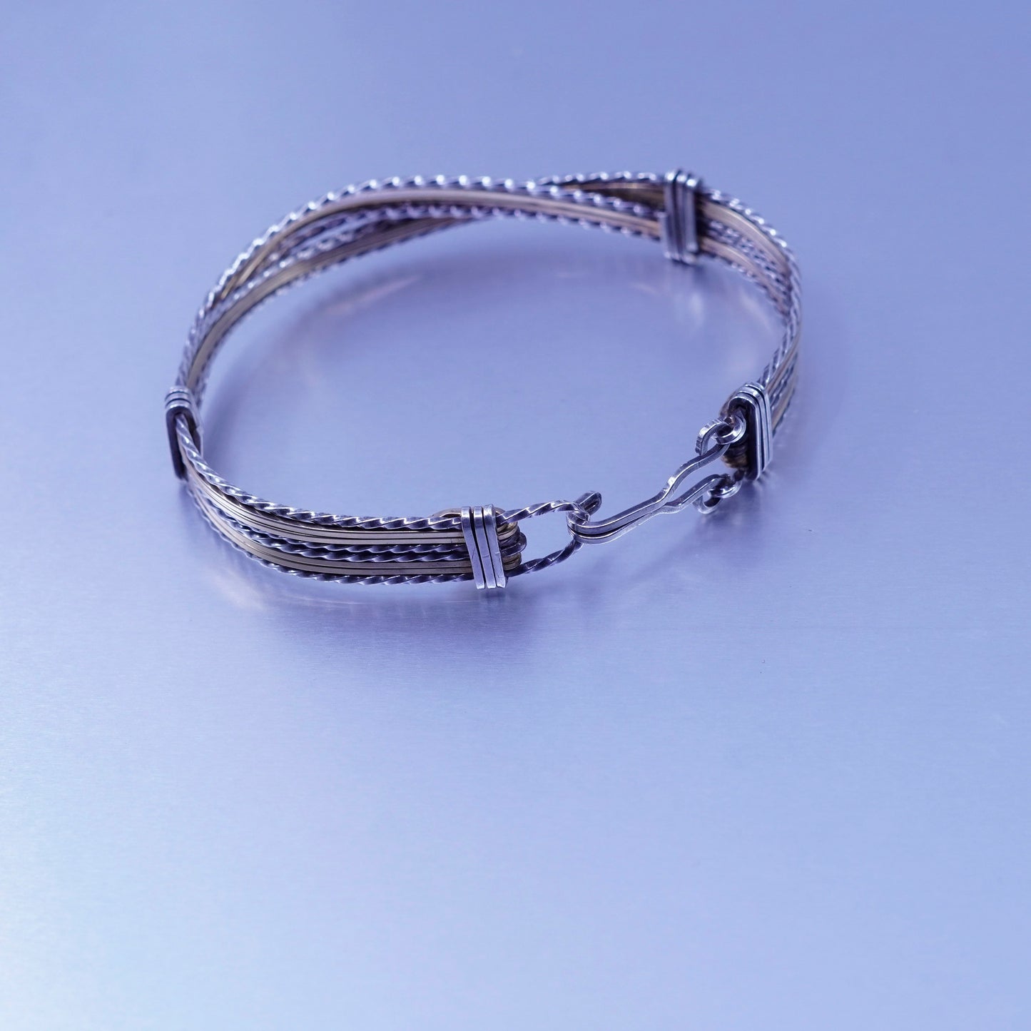 7.75”, Two tone Sterling 925 silver bracelet, braided hinged bangle brass
