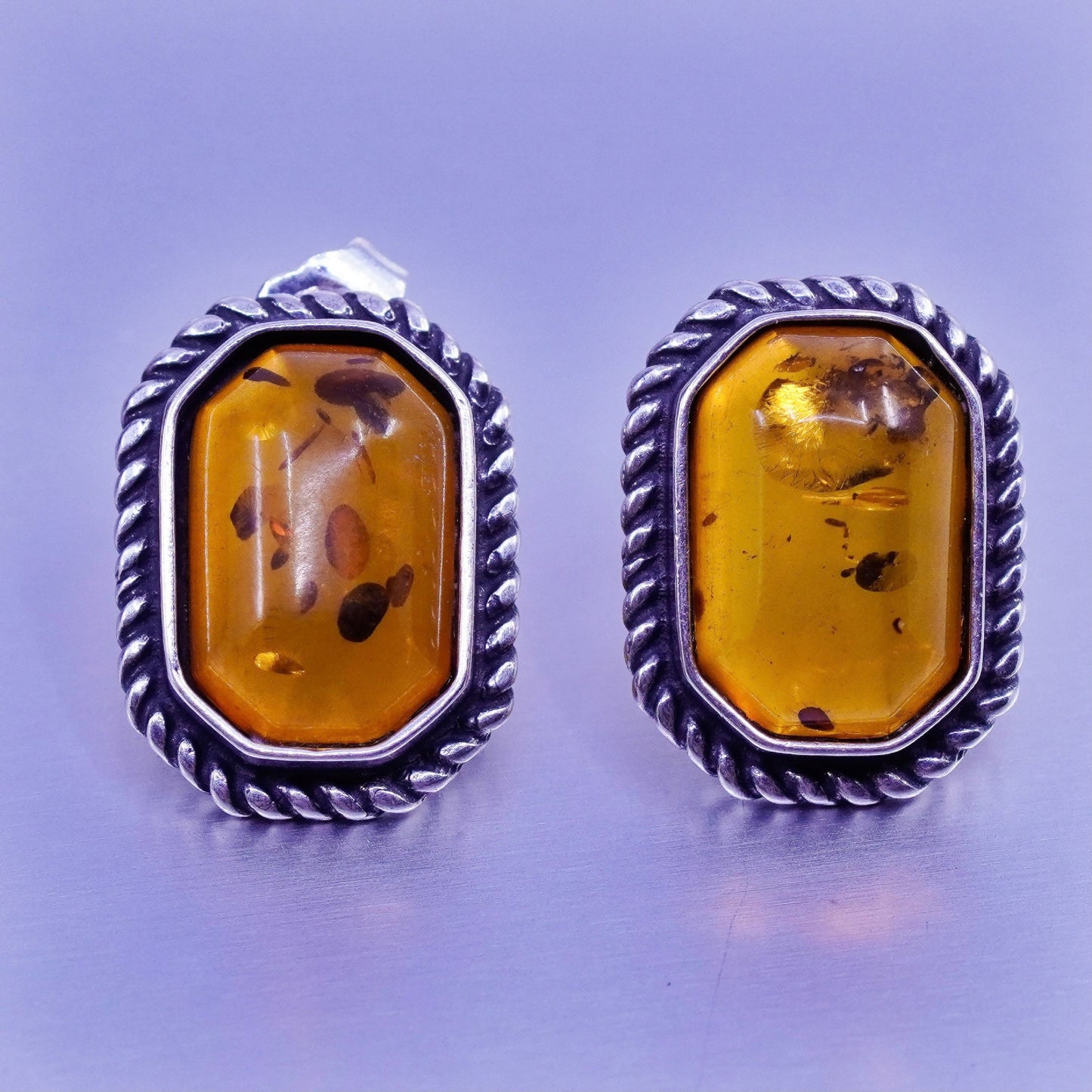 Vintage Sterling 925 silver earrings, studs with Amber and cable around