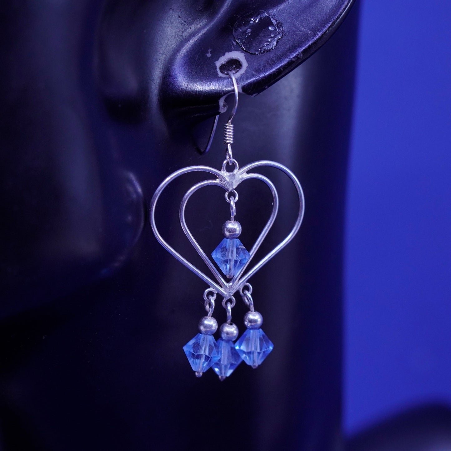 Vintage Sterling 925 silver handmade earrings, double heart Dangle and blue Cz
