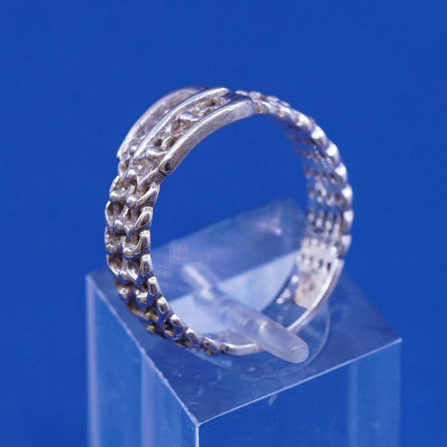sz 7.25, vtg sterling silver handmade ring, 925 filigree belt band