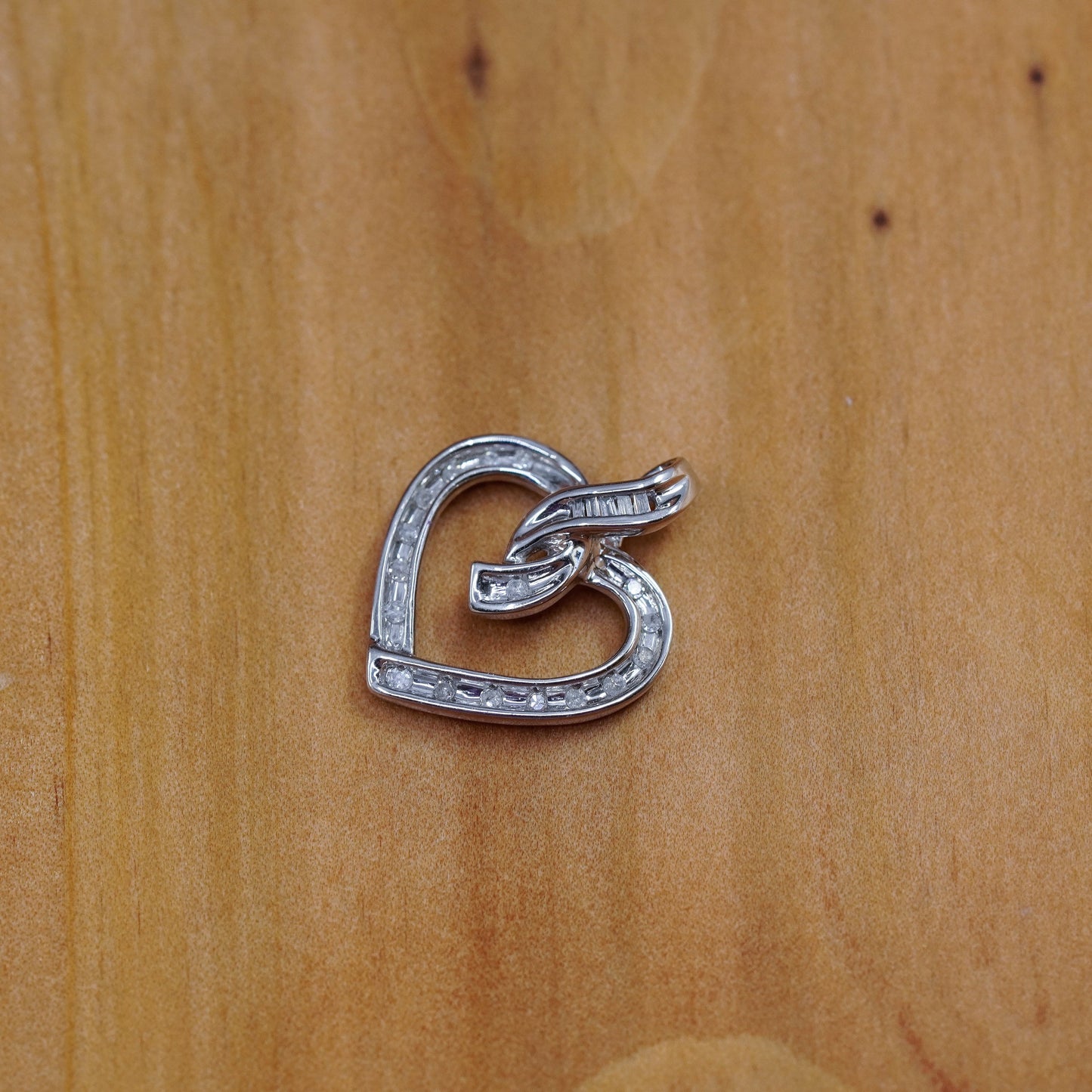 Vintage sterling silver pendant, fine 925 heart with genuine diamond around