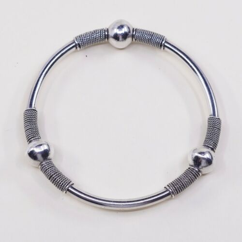 7.75”, Estate Vtg Mexico 925 Sterling Silver Handmade Bangle Bracelet W/ Beads