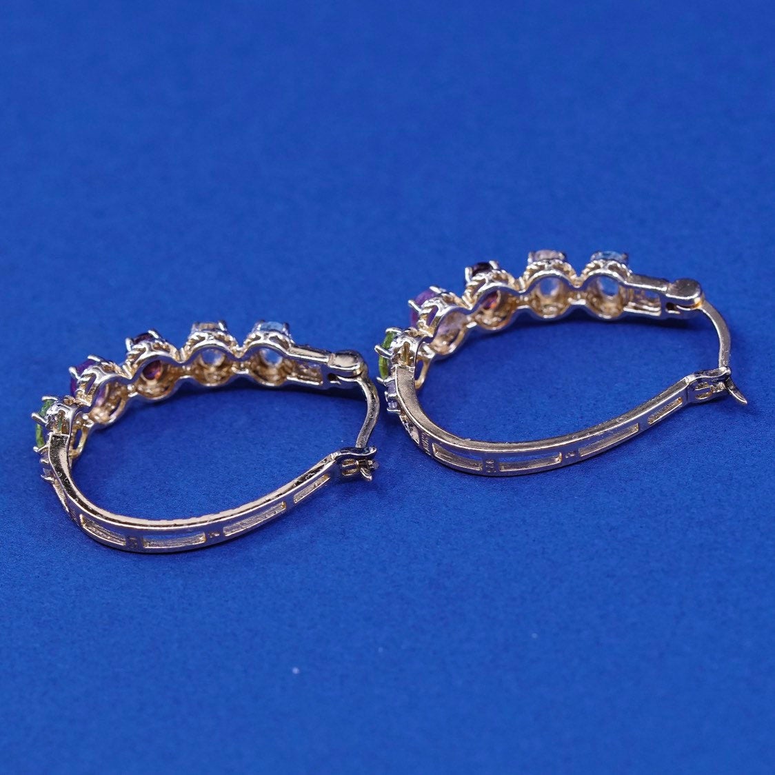 1", gold Sterling silver huggie earrings, Vermeil 925 hoops w/ sapphire peridot
