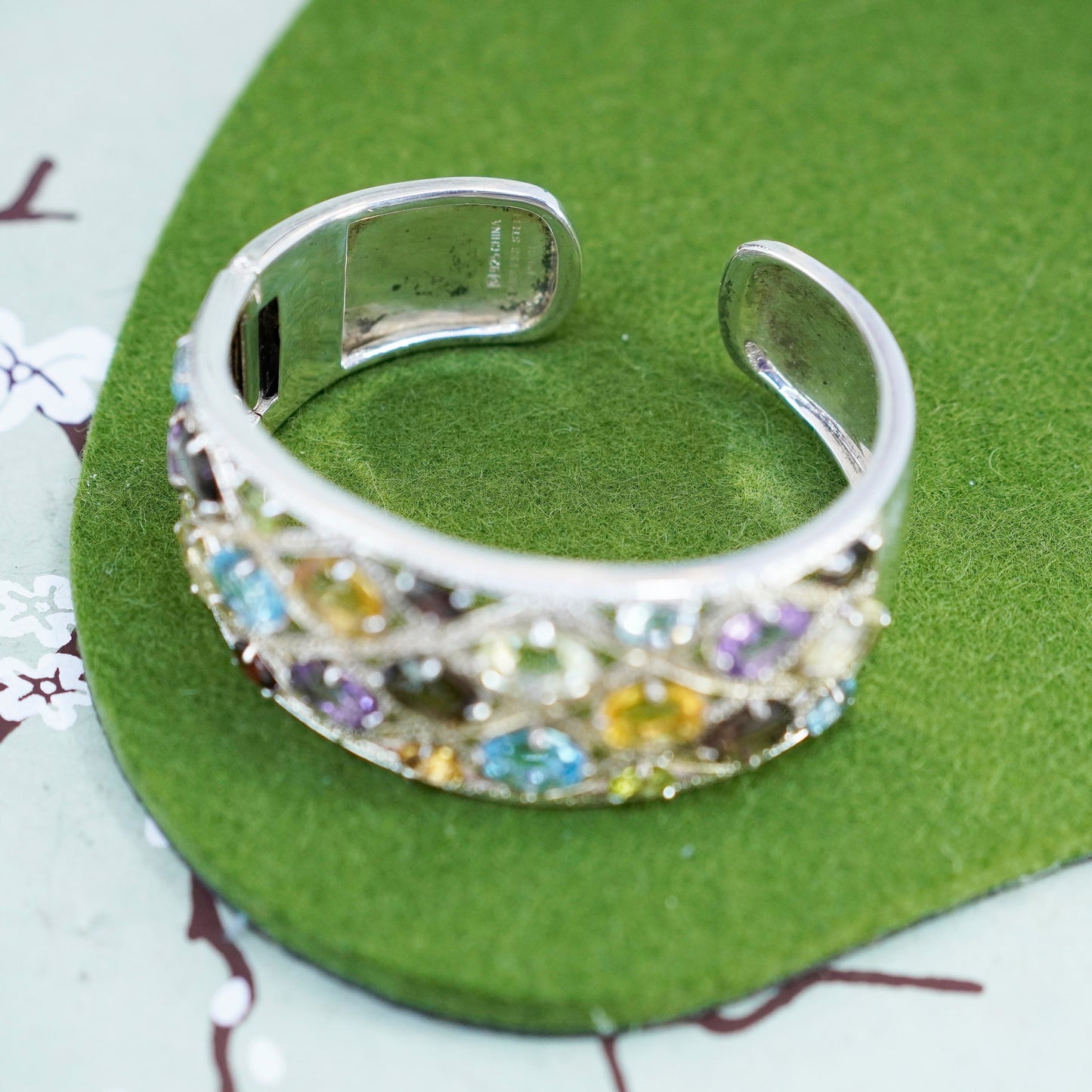 6.5”, vermeil gold Sterling silver bracelet, 925 filigree hinged cuff peridot