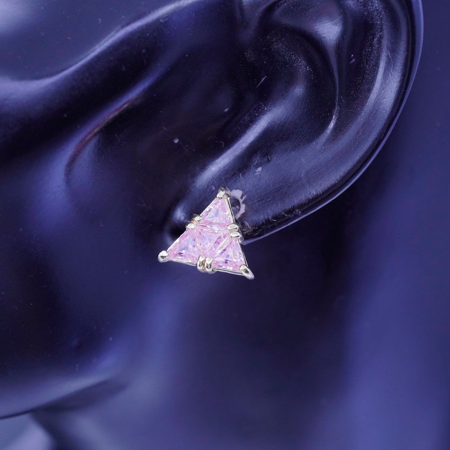 vermeil gold filled Sterling 925 silver triangular earrings, studs w/ pink Cz