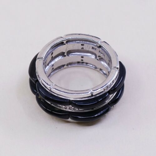 Sz 7.5, Vtg Sterling Silver Handmade Ring, 925 Silver Band W Obsidian Inlay