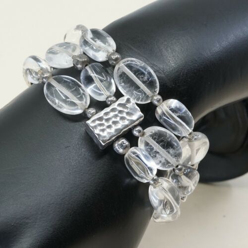 6.5”, Vtg Sterling 925 Silver Handmade Bead Bracelet W/ Crystal N Elastic Band