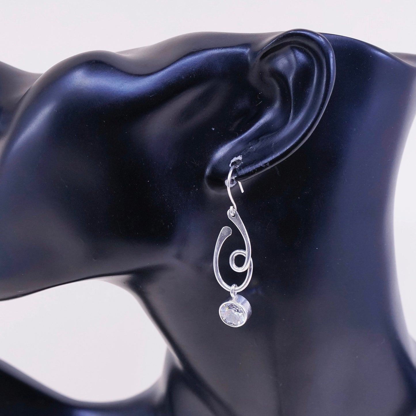Vintage sterling silver handmade earrings, 925 swirl with round CZ