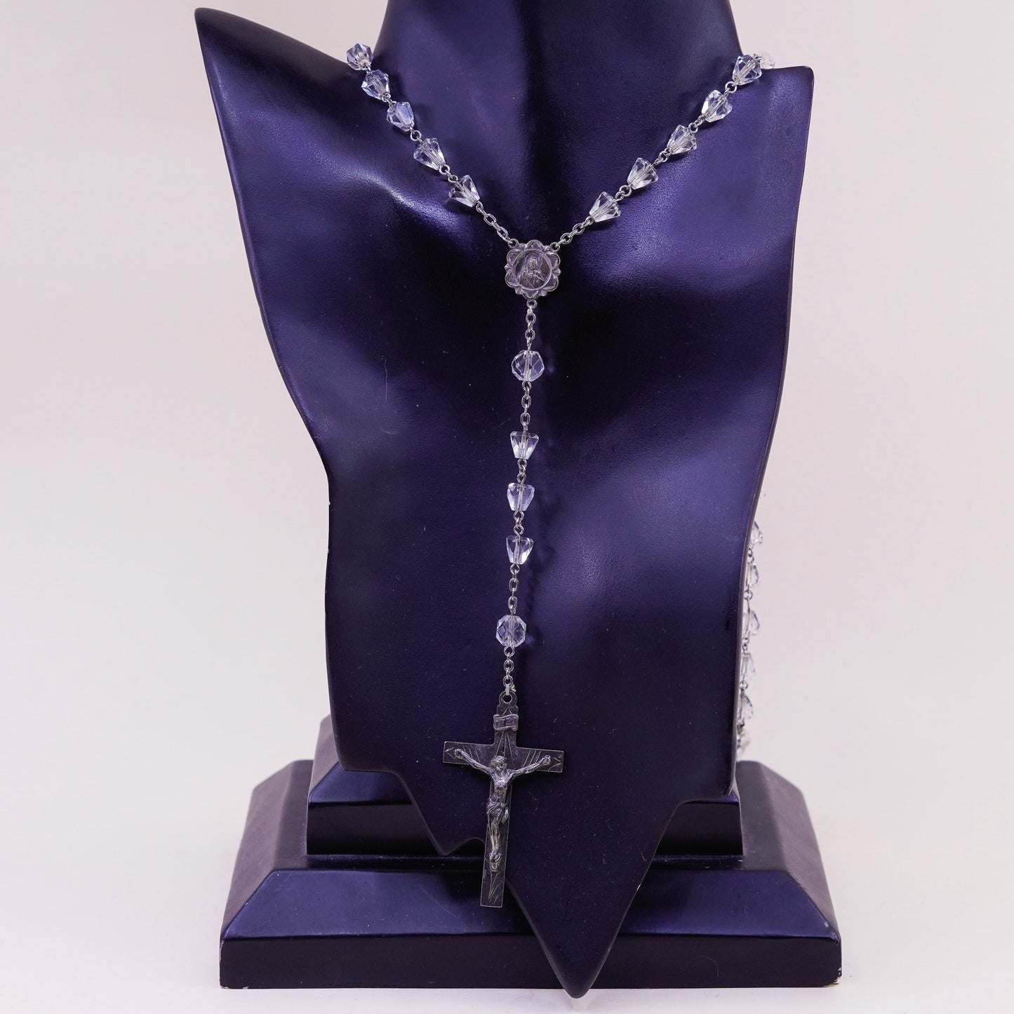 30”, sterling 925 silver rosary necklace with cross pendant and crystal beads