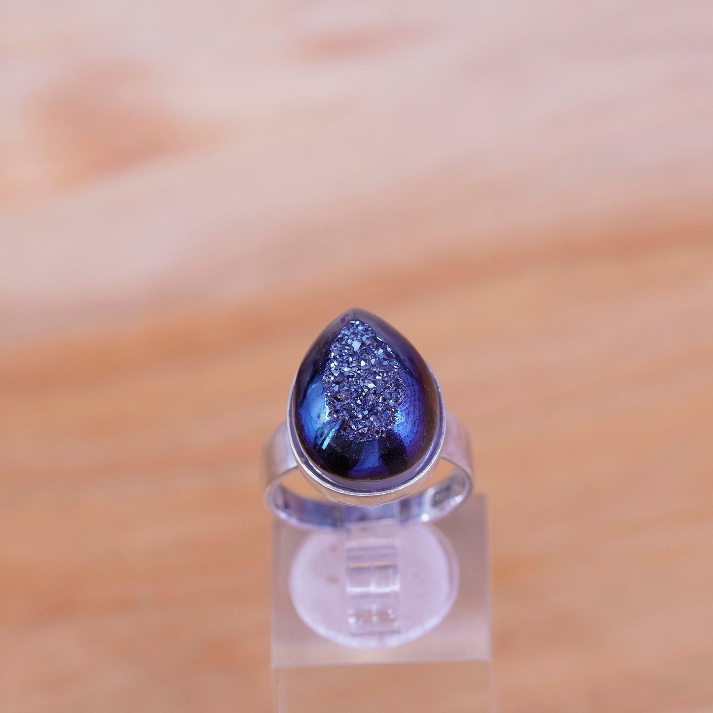 Size 7.25, Sterling 925 silver handmade ring with teardrop metallic druzy stone