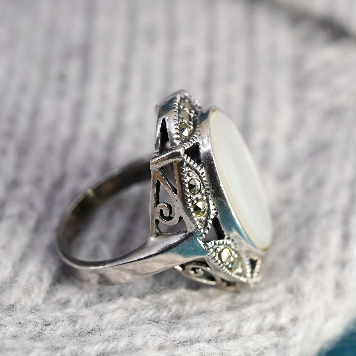 Size 6.5, sterling 925 silver handmade ring with mother of pearl and marcasite