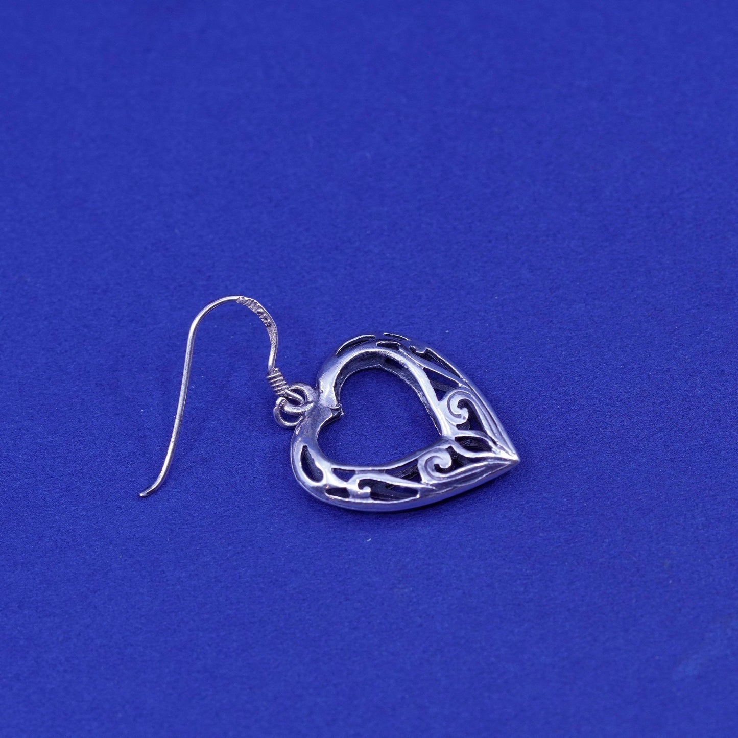 Vintage Sterling silver handmade earrings, 925 Bali filigree heart drops