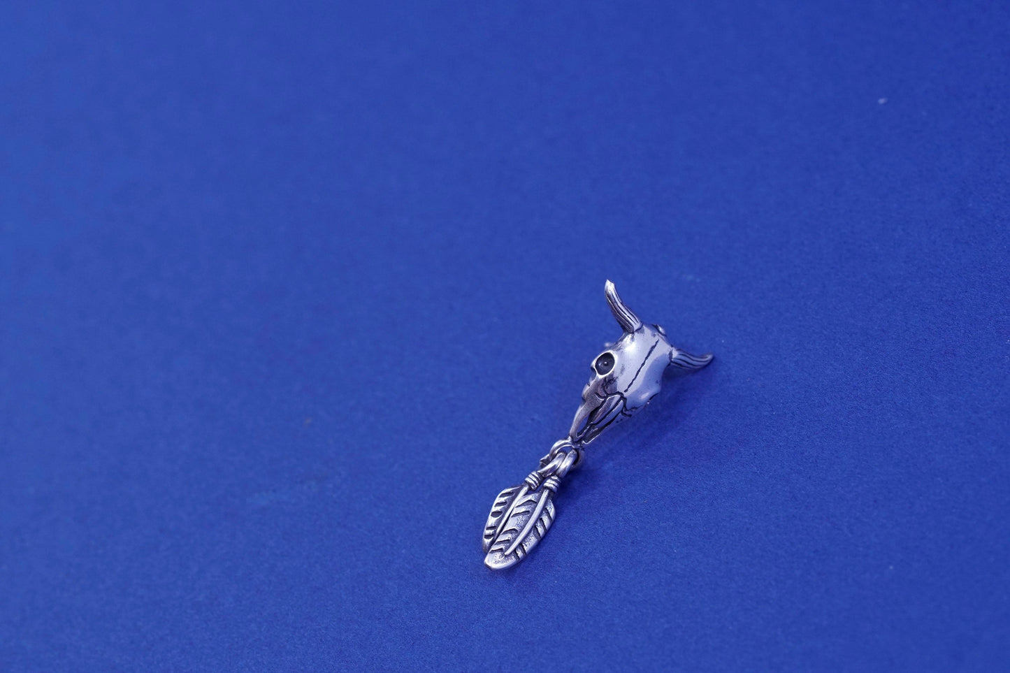 native Sheila Tso Masha Sterling silver earrings, 925 bull skull studs feathers