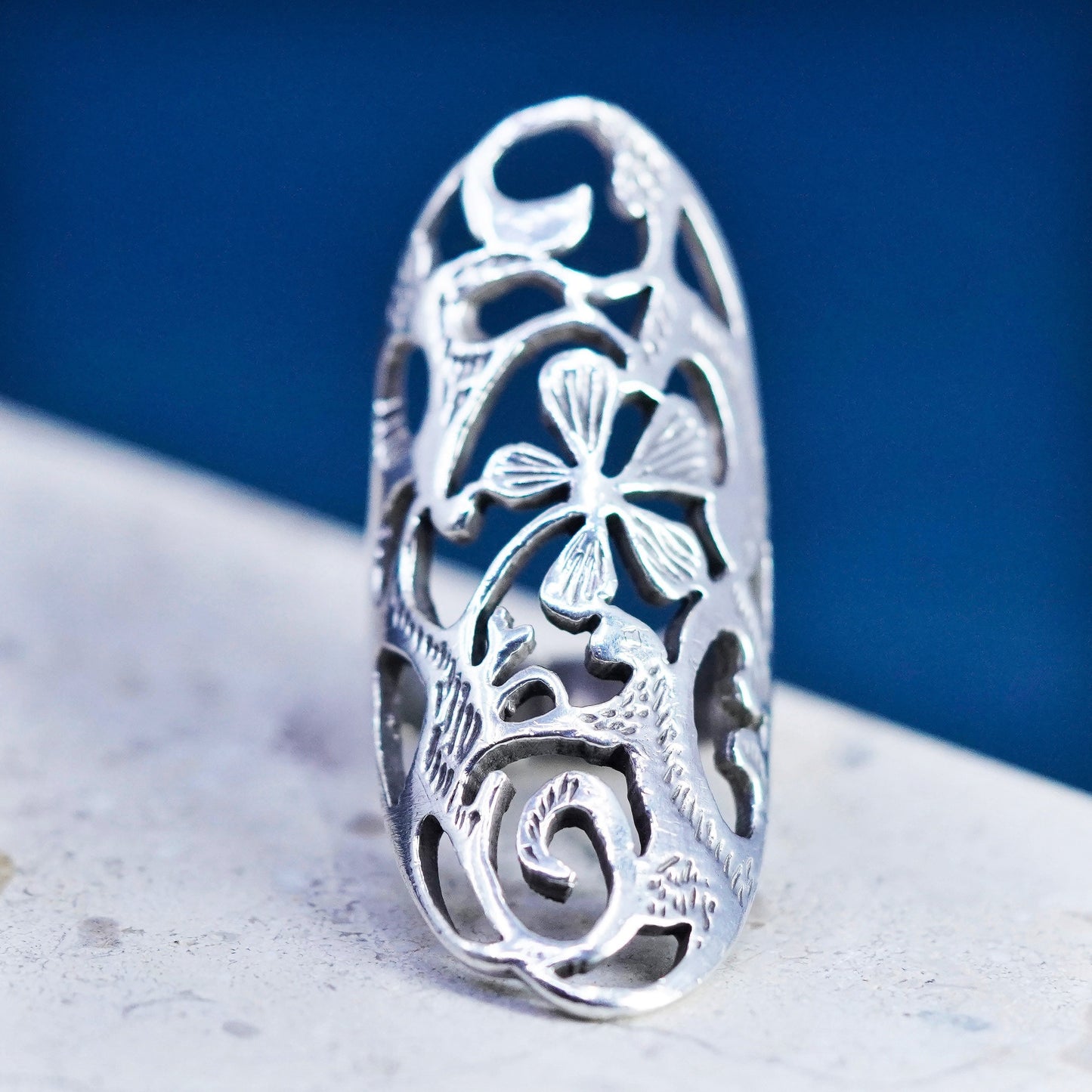 Size 5.25, vintage Sterling 925 silver handmade ring filigree flower ring