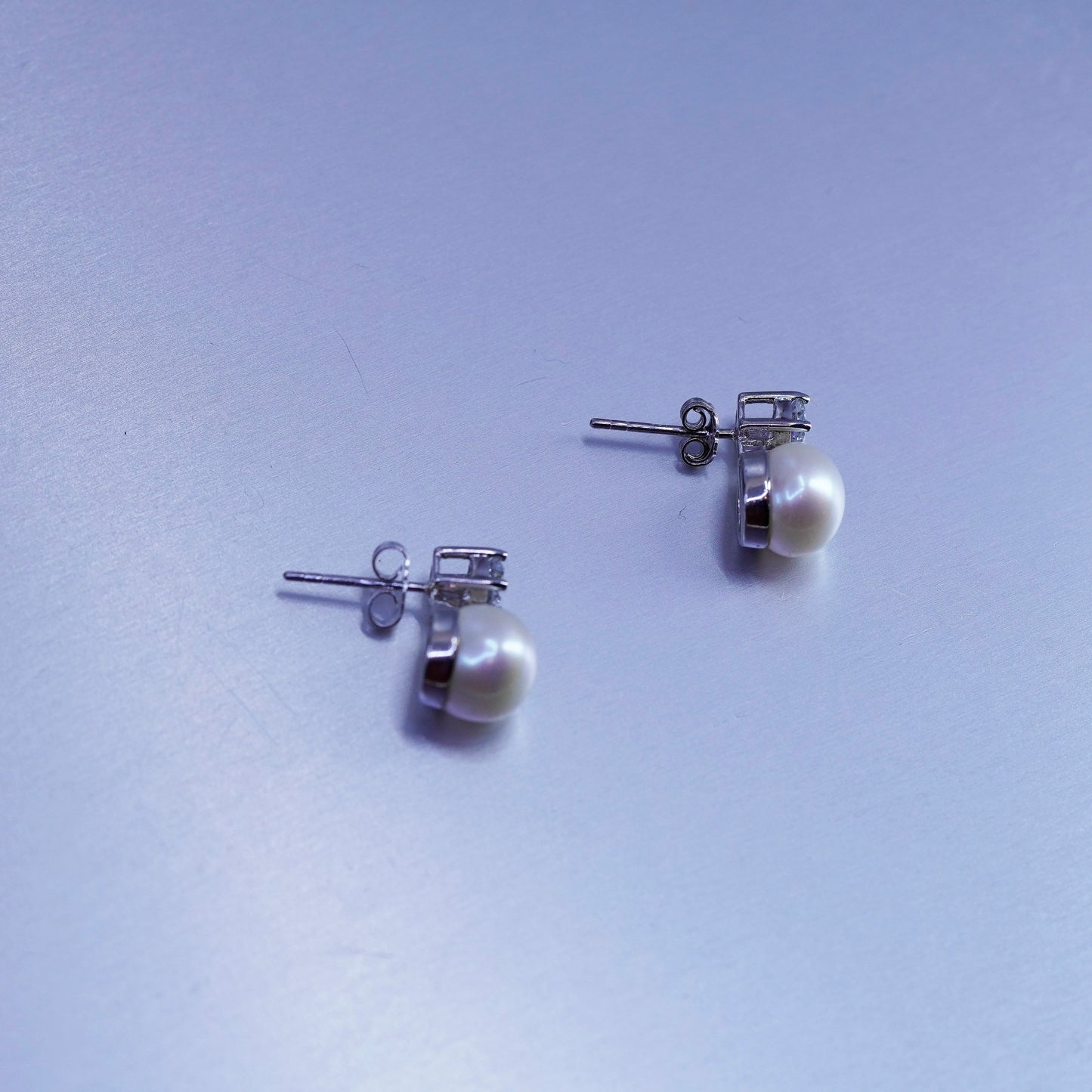 8mm, Vintage Sterling 925 silver handmade earrings, studs with pearl and cz