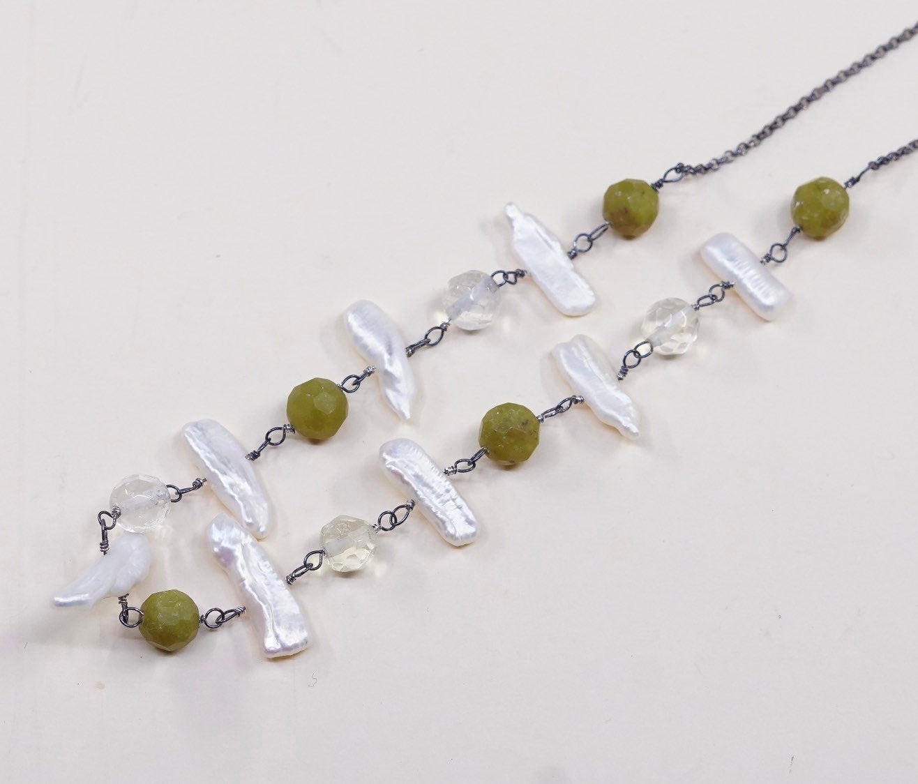 16”+3”, vtg handmade Sterling silver chain w/ pearl N jade beads