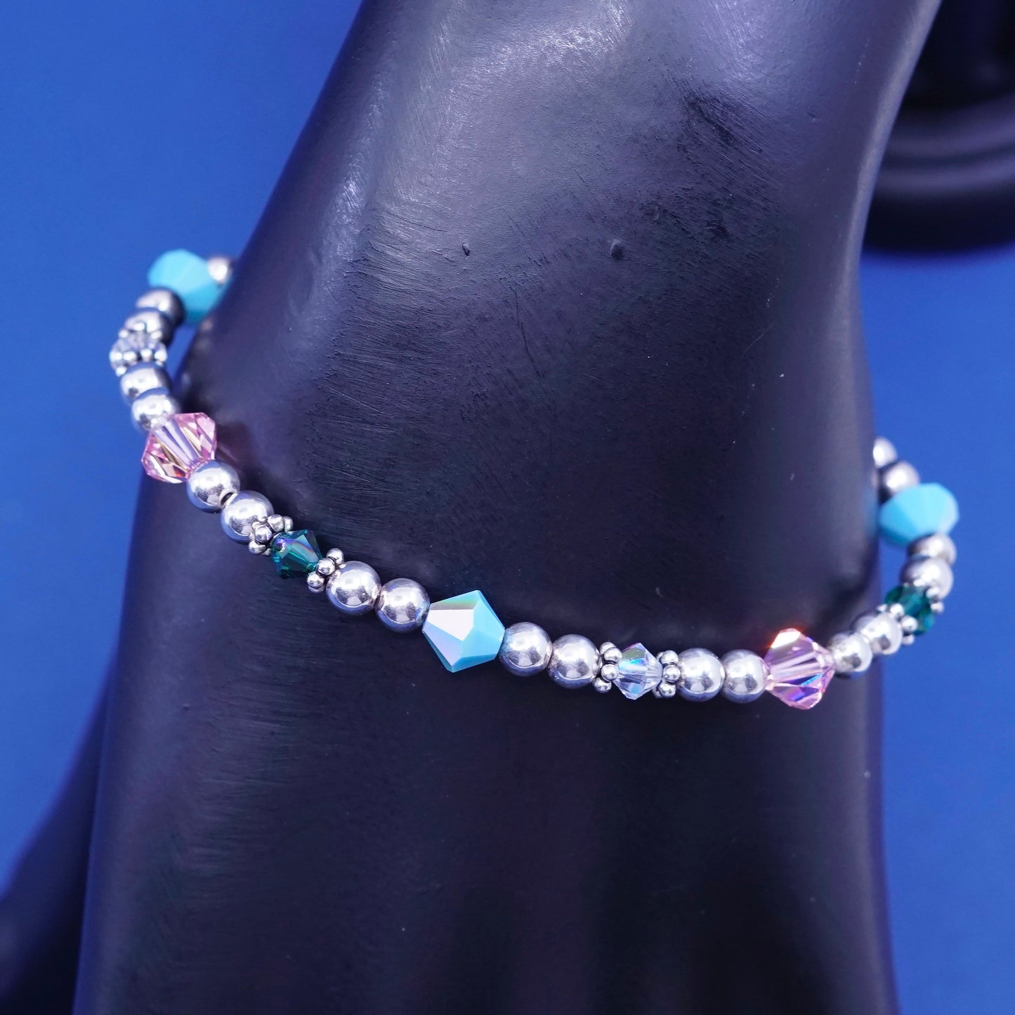 6.75”, sterling 925 silver handmade bracelet with turquoise pink crystal beads