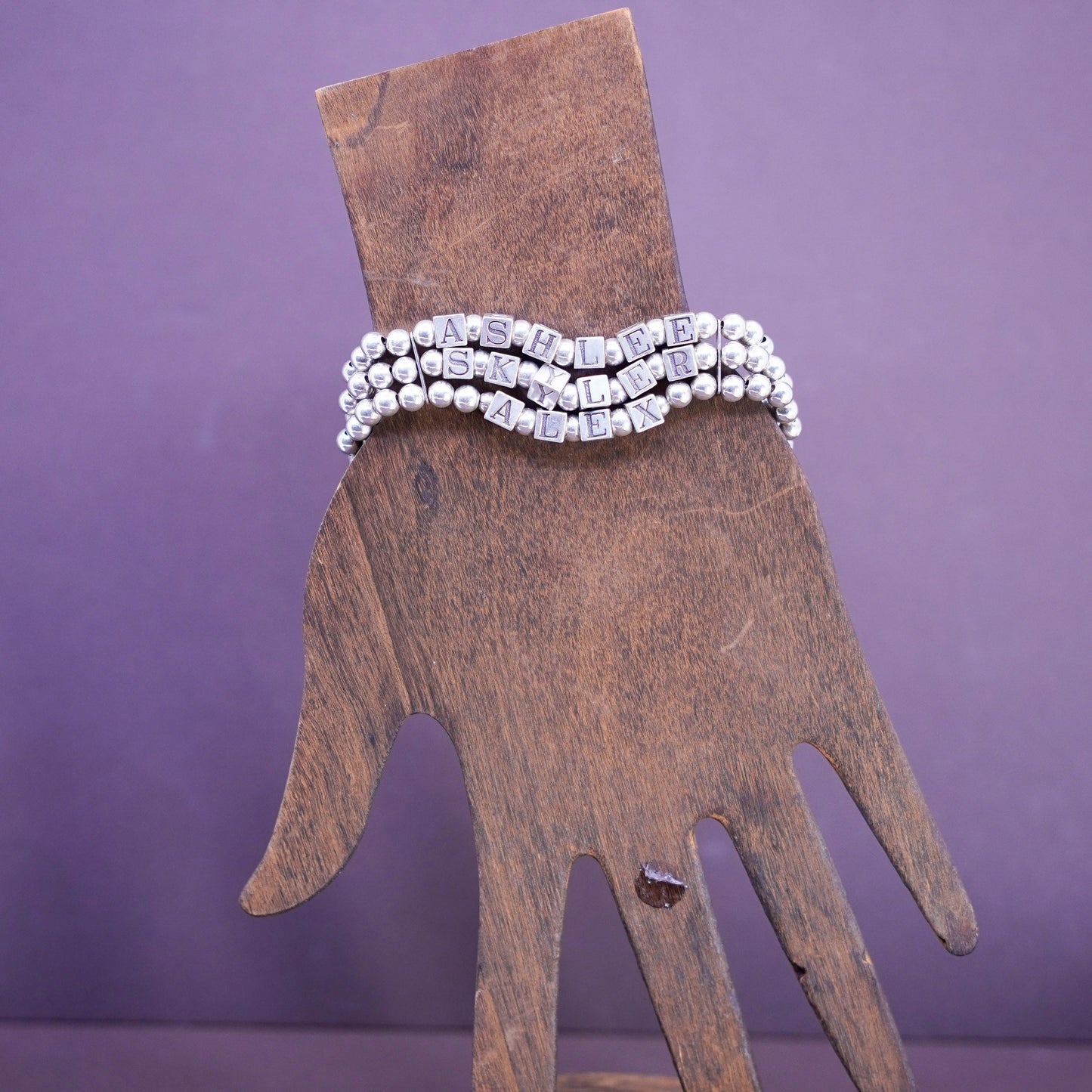 6.75”, Sterling 925 silver bracelet amethyst beads “Ashlee Skyler Alex” cubes