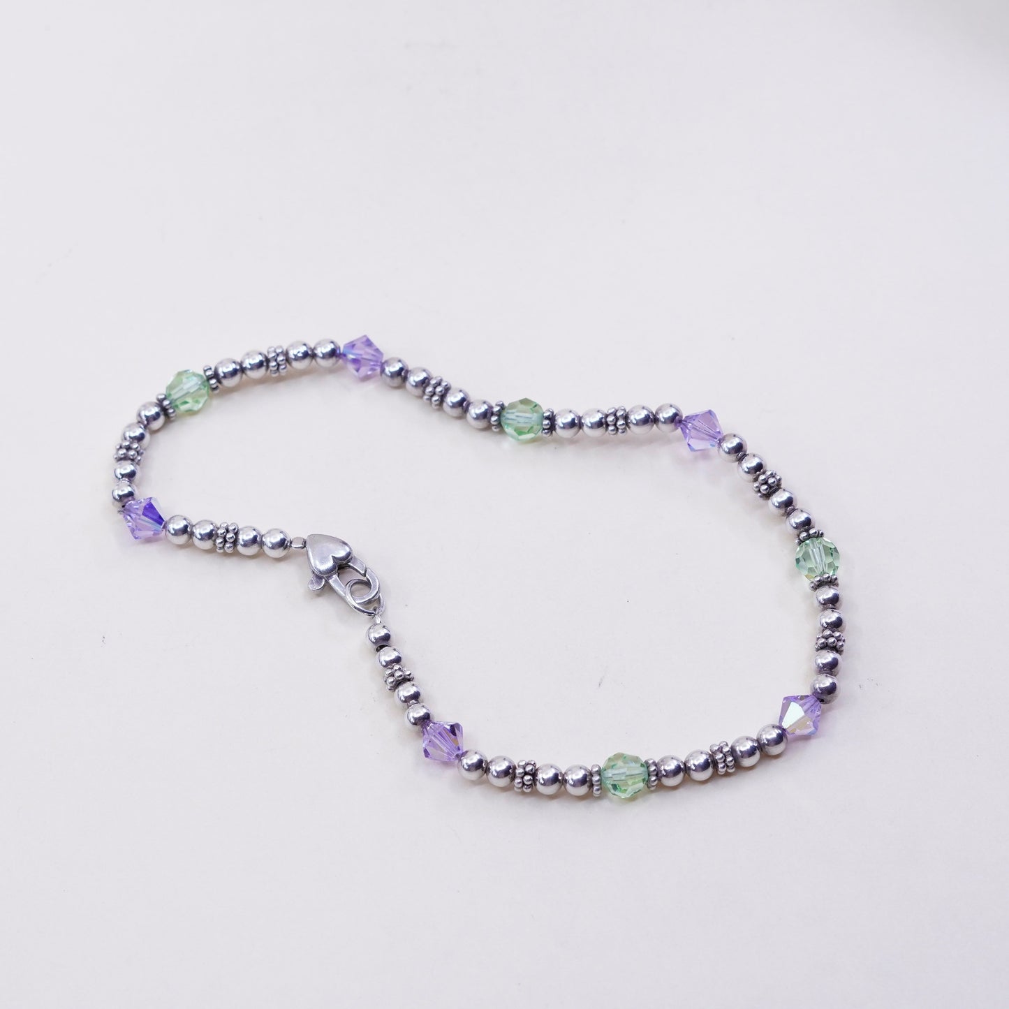 9.75”, vintage Sterling silver handmade bracelet, 925 beads anklet with crystal