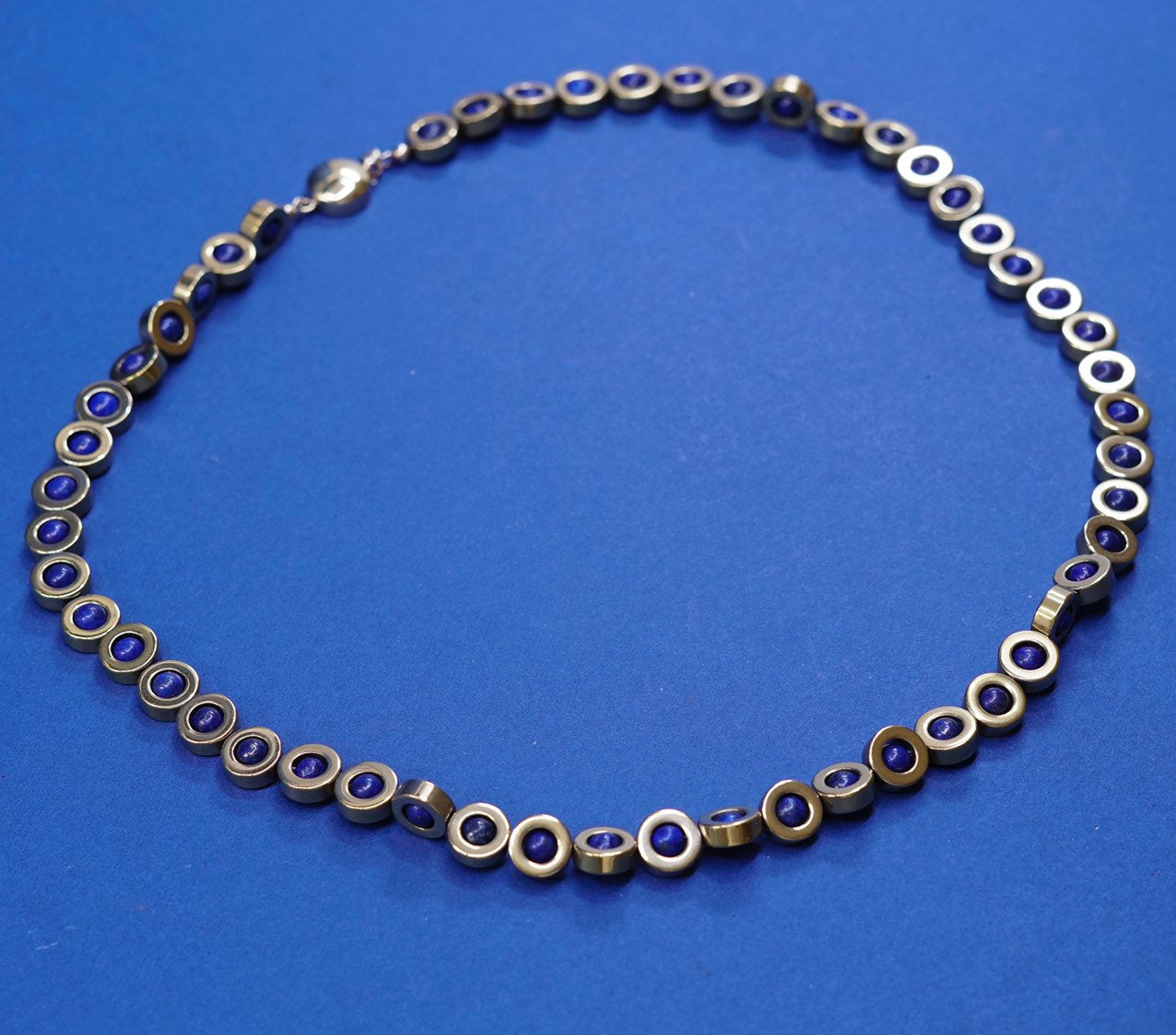 18”, Vermeil gold over Sterling silver necklace w/ evil eye N lapis lazuli bead