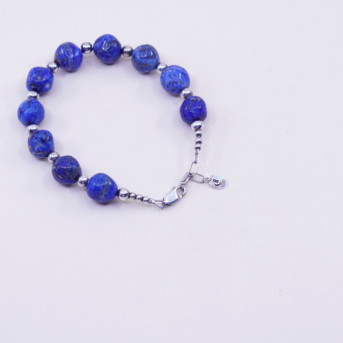 7.5+1”, Vintage Sterling 925 silver Handmade bracelet 10mm lapis lazuli beads