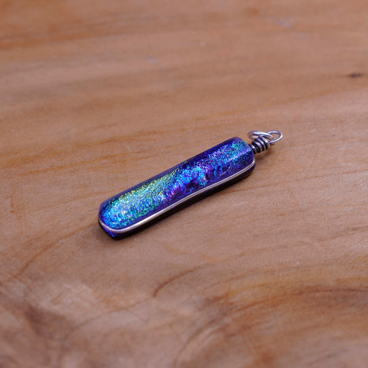 Vintage Sterling 925 silver handmade pendant with long blue foil glass