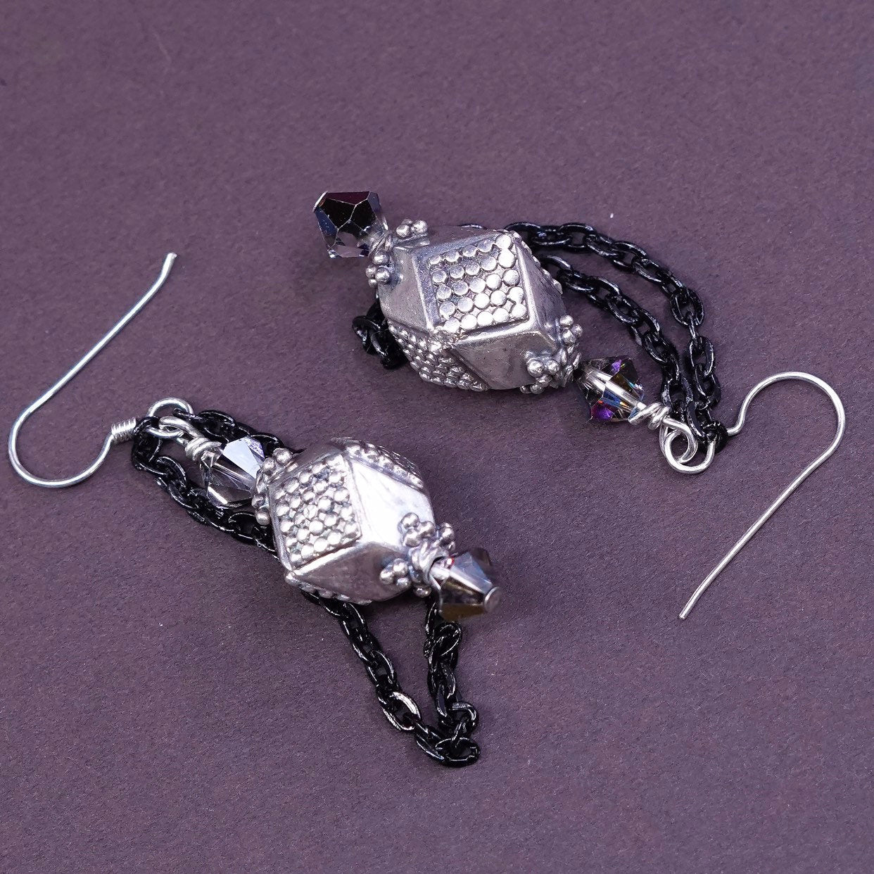 Sterling silver handmade earrings, Mexican 925 beads dangles with black chain