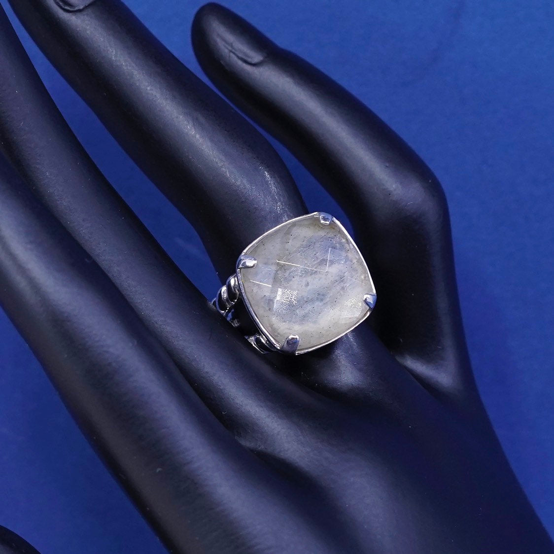 Size 6, vtg Sterling silver handmade ring, 925 w/ checker cut moonstone