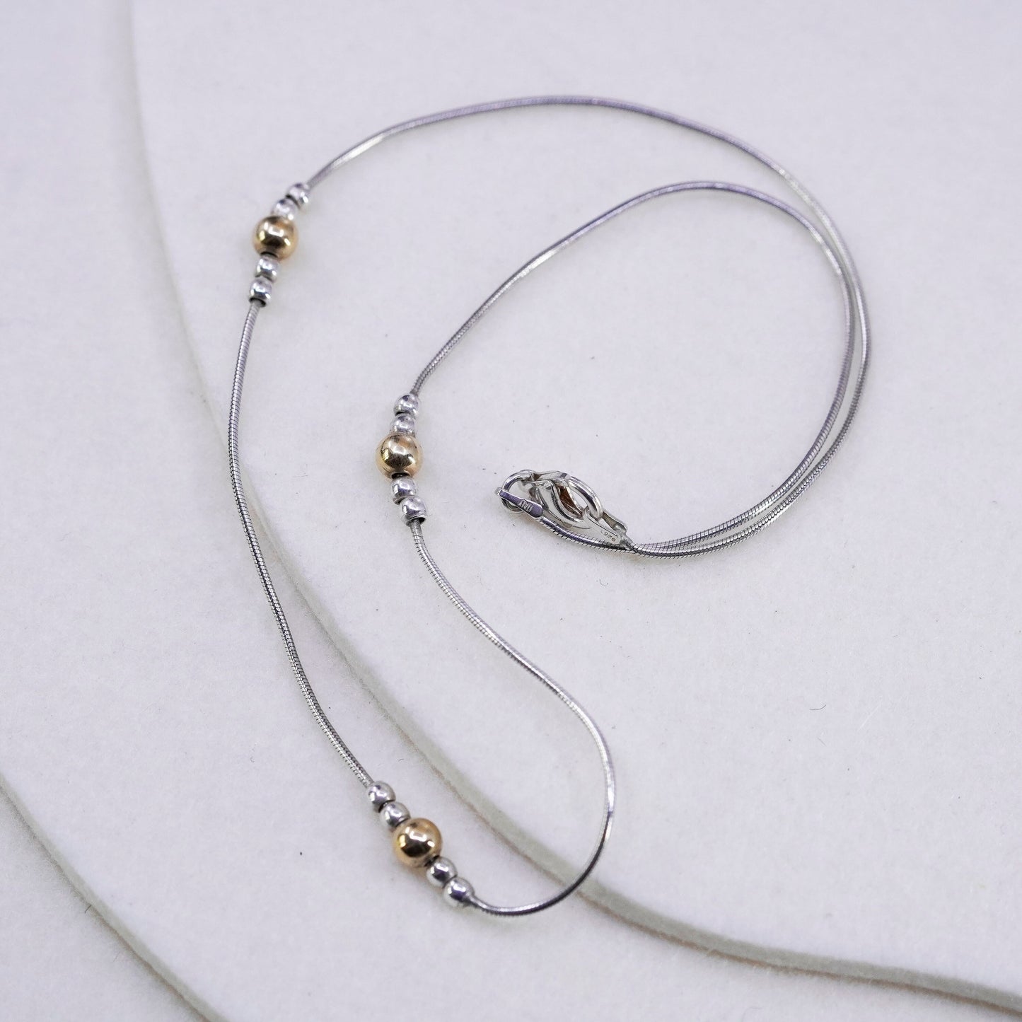 16”, vintage Sterling 925 silver handmade snake necklace with 14K gold beads