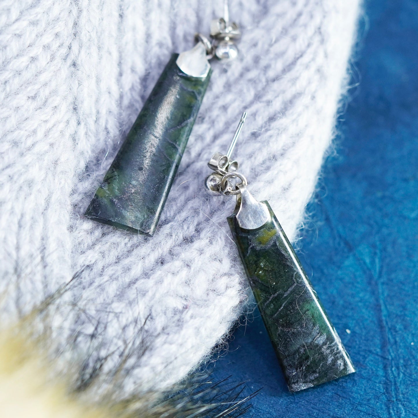 vtg sterling silver handmade earrings, 925 teardrop vesuvianite green gemstone