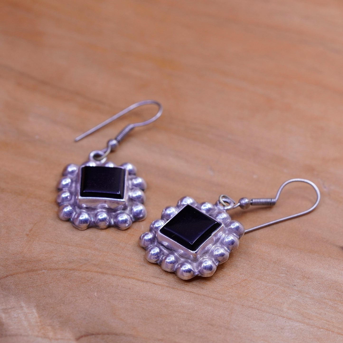 Vintage Sterling 925 silver handmade earrings with square obsidian and beads