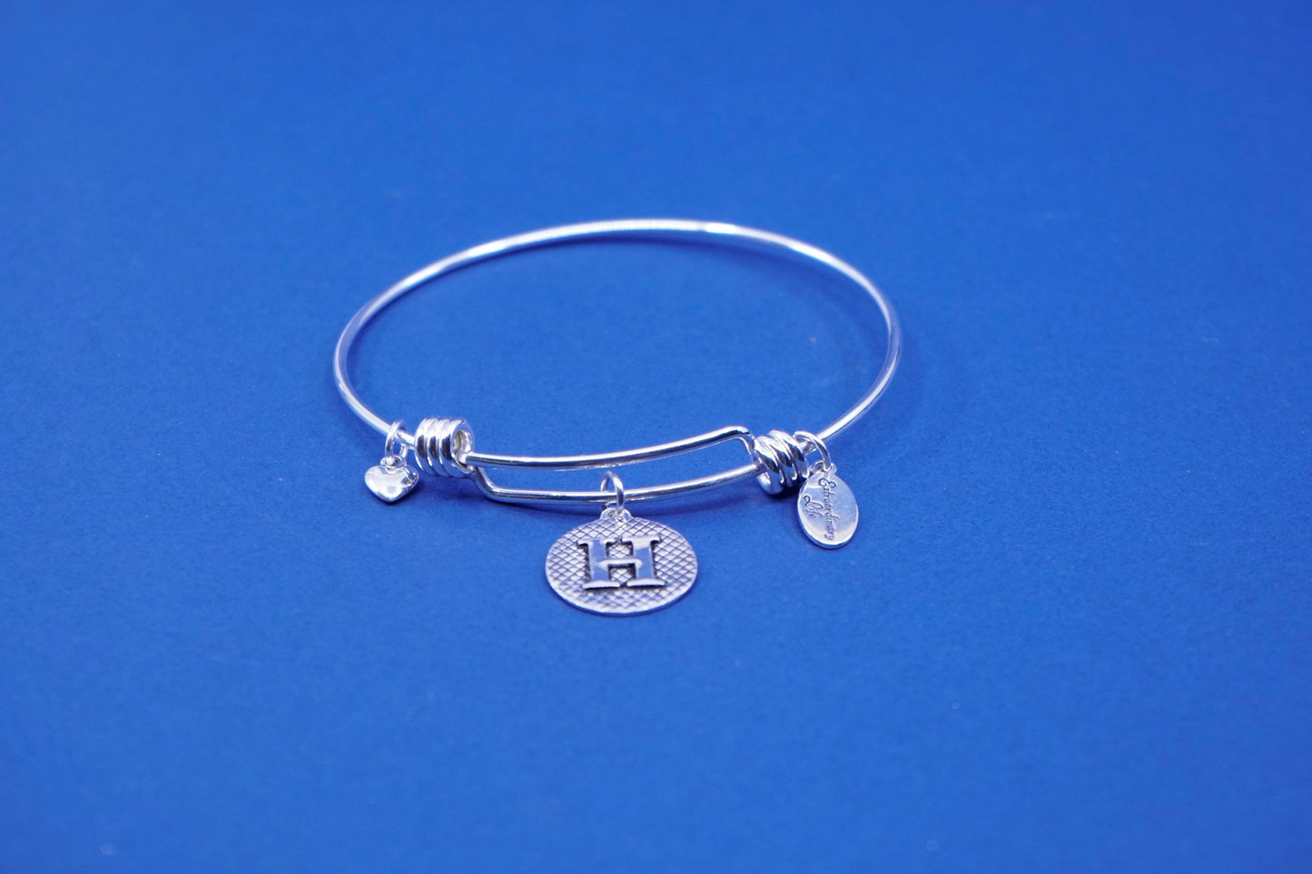 8”, vintage sterling silver handmade bracelet, 925 bangle w/ initial “H” charm
