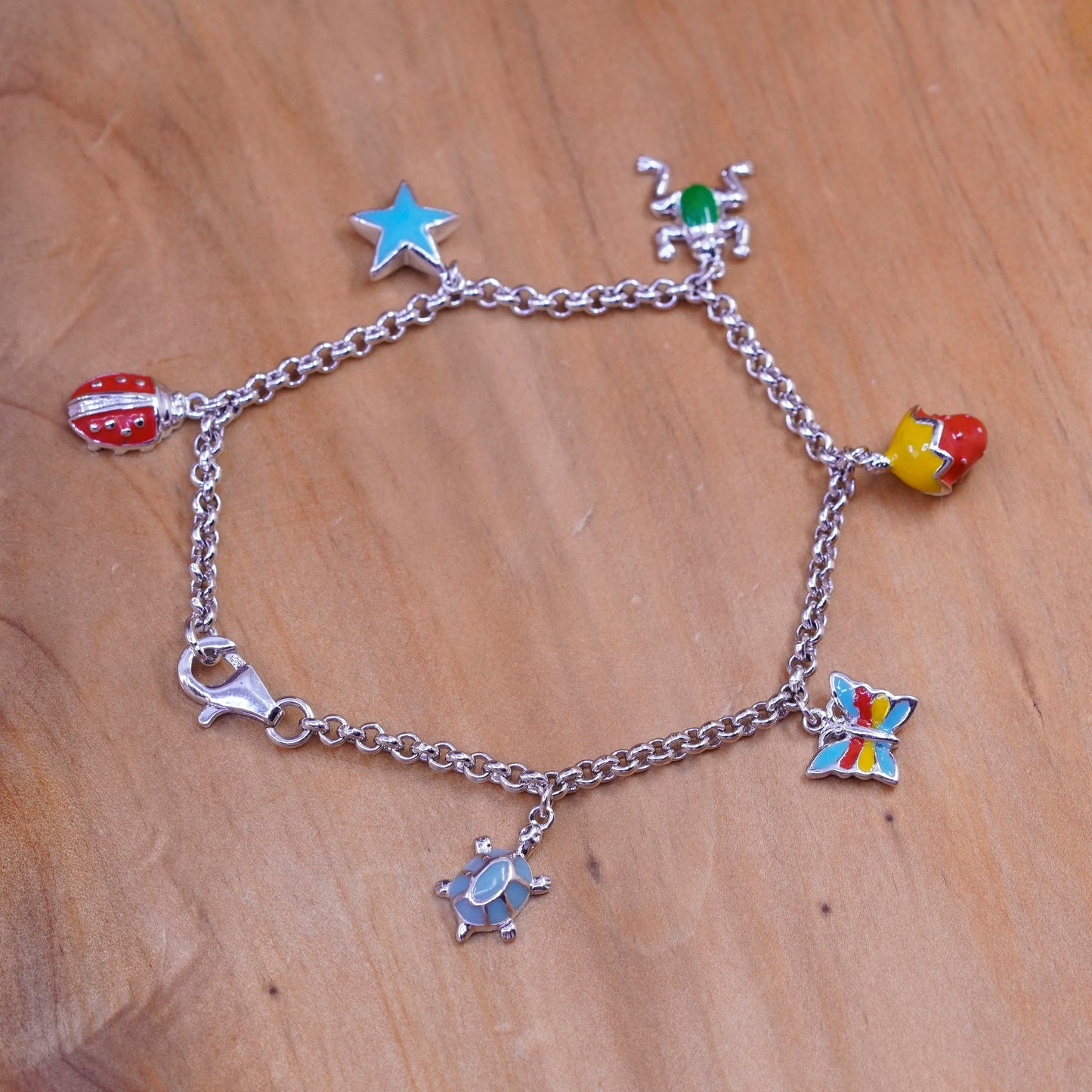 7.25”, Sterling silver bracelet, Italy 925 circle chain enamel frog butterfly