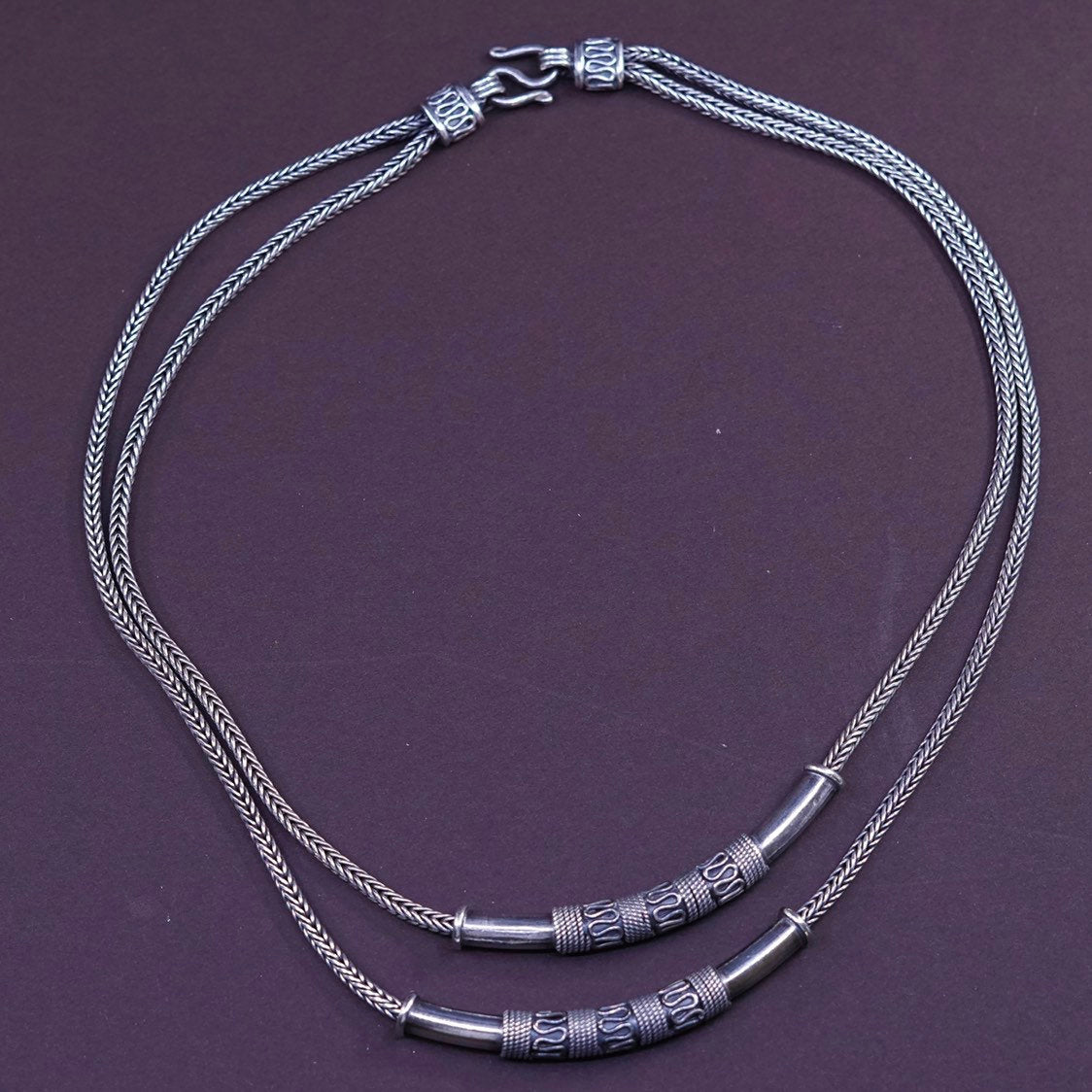 16", vtg Southwestern necklace, 925 double strands wheat chain w/ Bali pendant
