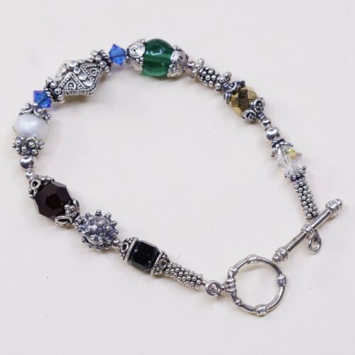 6.75”, Vtg Sterling Silver Handmade Bracelet 925 Bali W/ Swarovski Crystal Beads