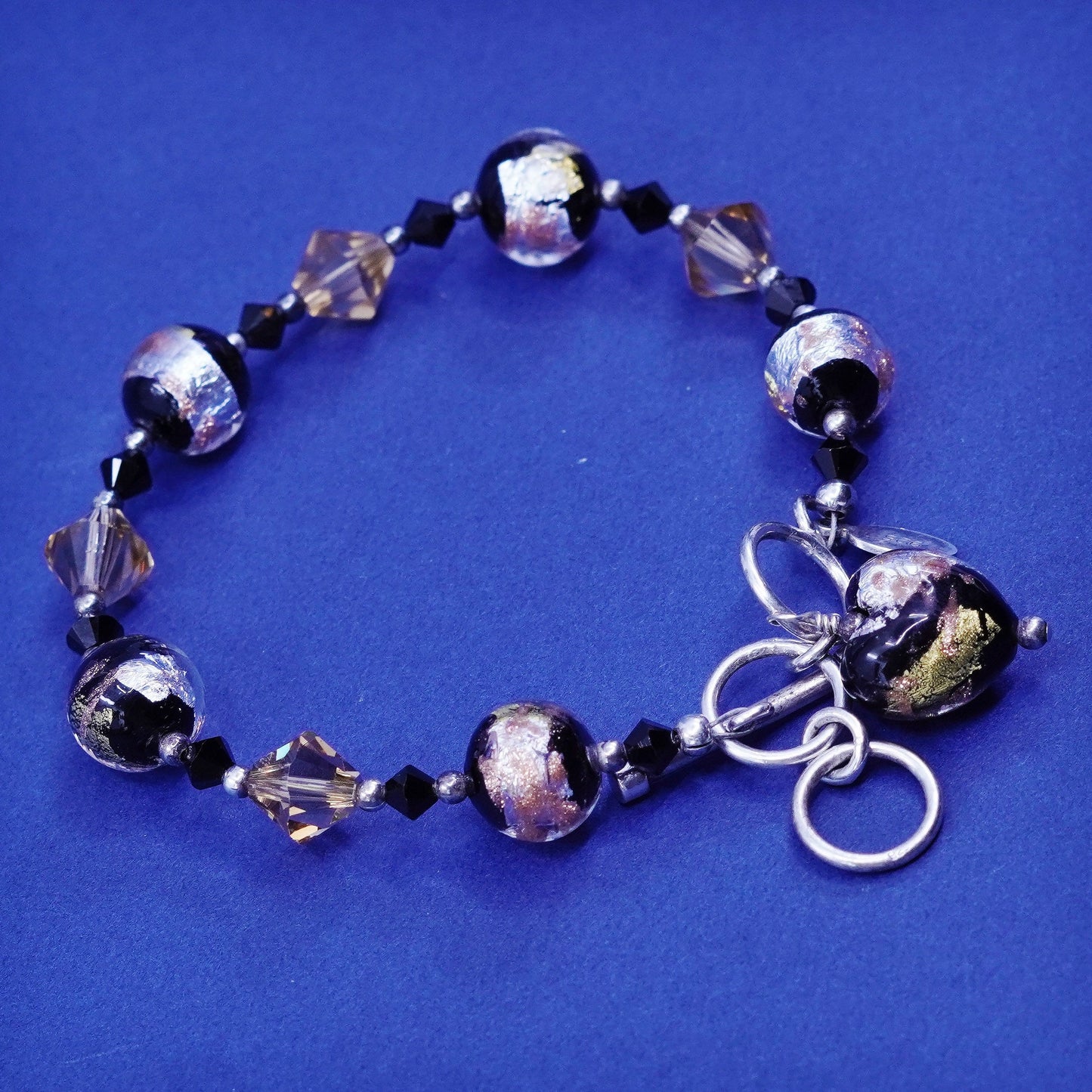 7+1”, lucky clover sterling 925 silver bracelet foiled glass beads heart charm