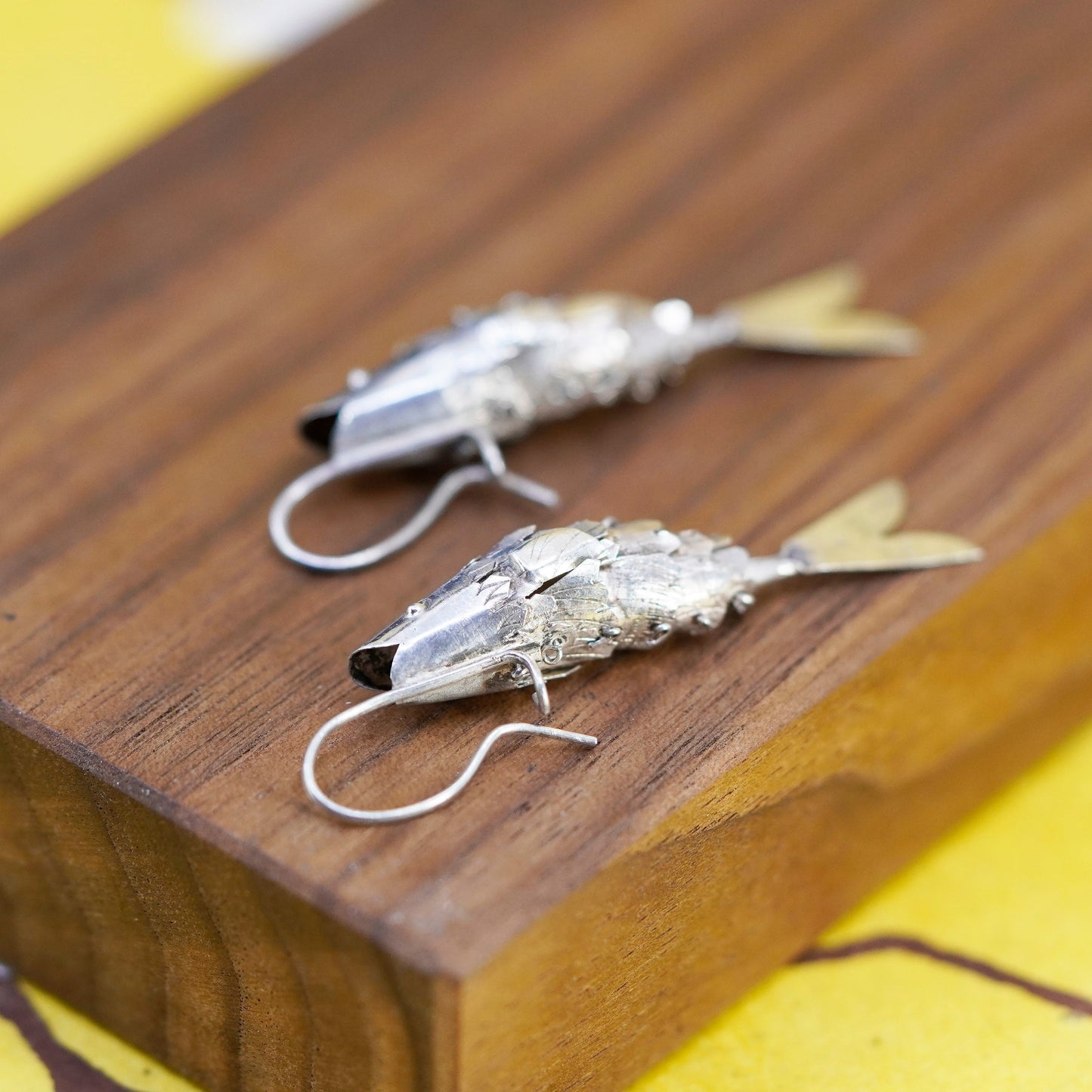 Vintage sterling silver handmade earrings, 925 movable fish dangles